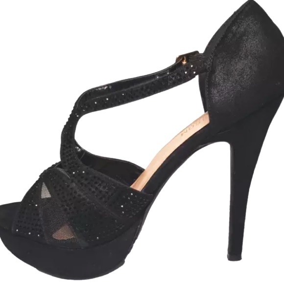 De Blossom Collection Women's Suede Black 5" Stiletto Rhinestone Shoes Size 6.5